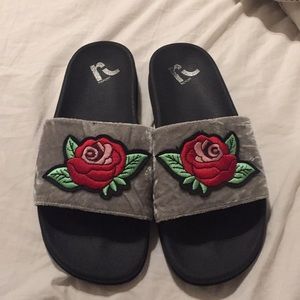 Floral suede slides
